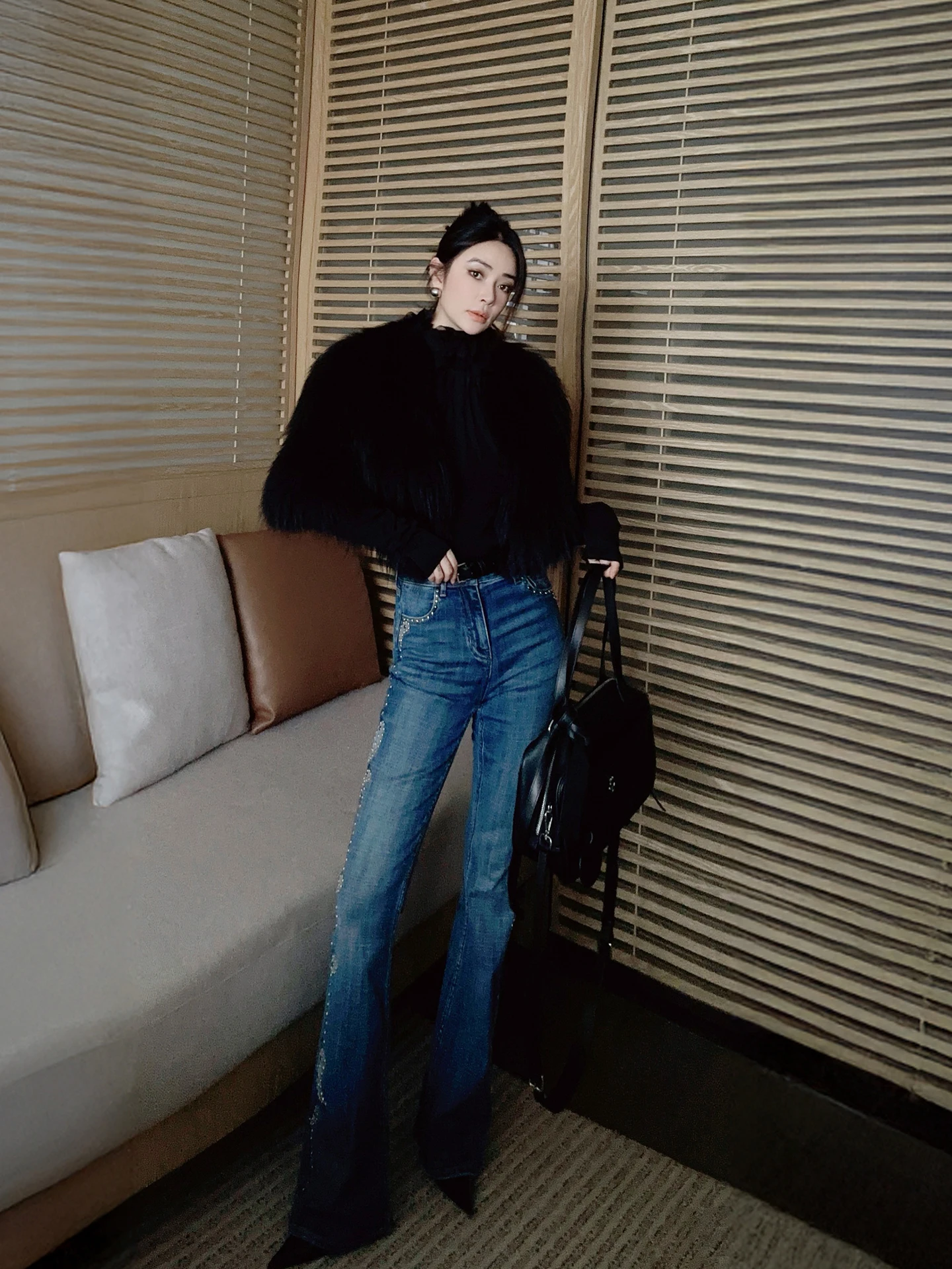 

Синие джинсы-клеш с высокой талией, модный дизайн, повседневные женские хлопковые джинсовые брюки, оригинальные, от Disimman Ling