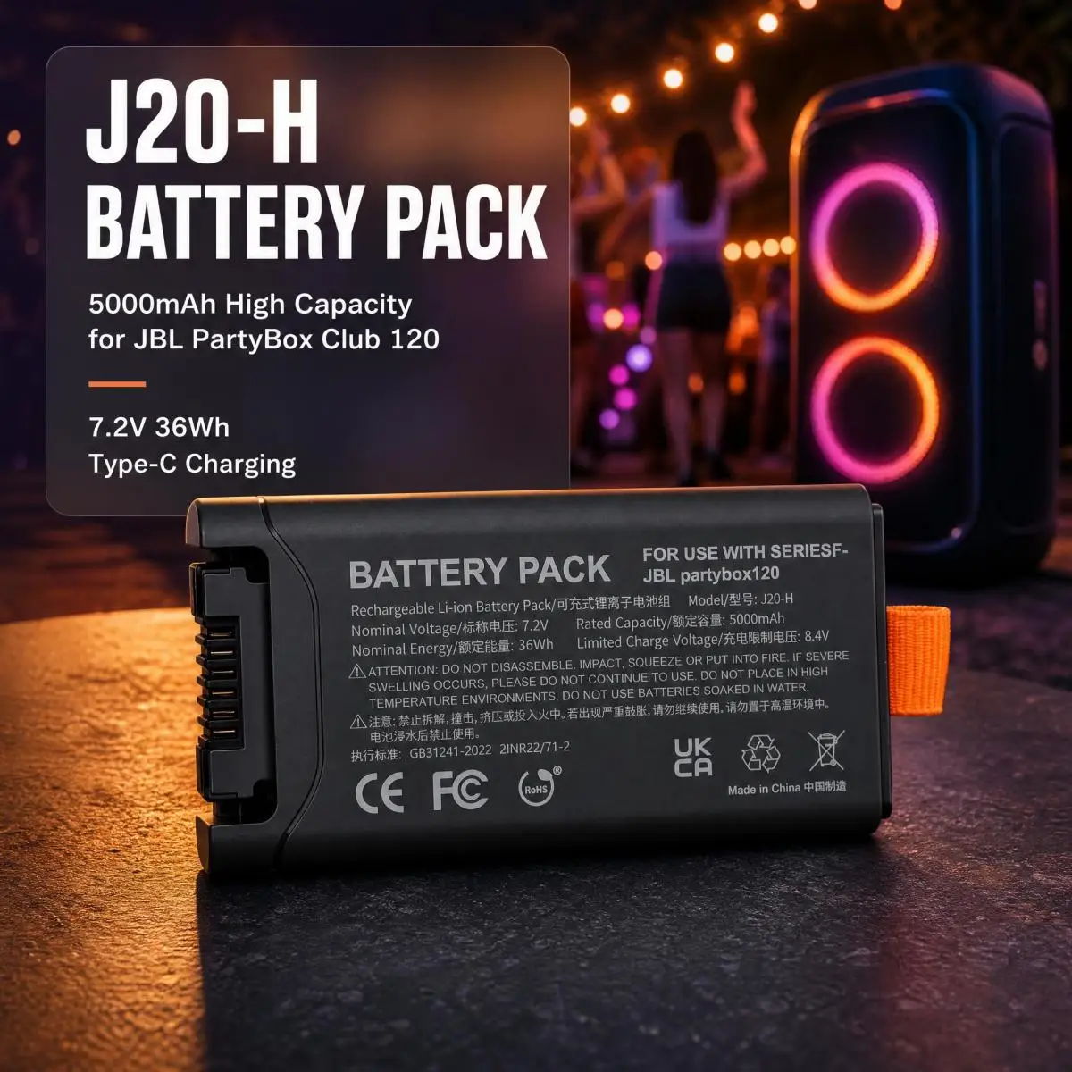 J20-H 7.2V 5000mAh Replacement Battery Pack, Type C Charging, For J-BL PartyBox Club 120 Portable Bluetooth Party Speaker