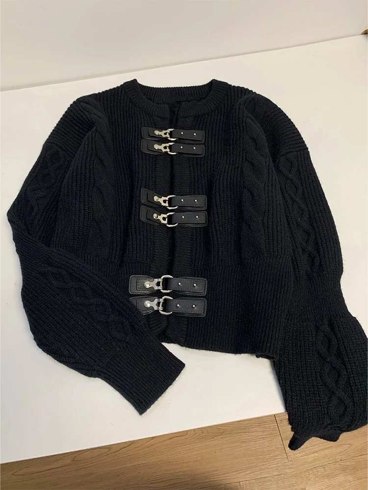 Women Black Gothic Cardigan Knitted Sweater Harajuku Korean 90s Y2k Long Sleeves Jumper Sweaters Vintage Emo 2000s Clothes 2023