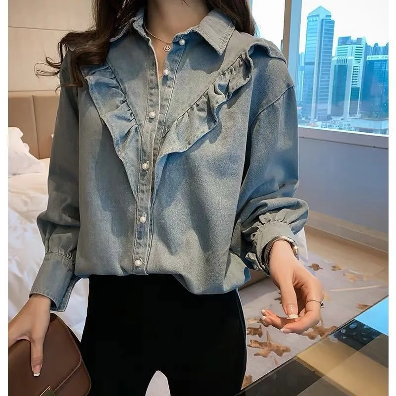 

Spring Autumn Women's Clothing Slim Fit Long Sleeve Blouse Ruffle Detail Korean Style Shirt Chiffon Princess Sleeve Neck