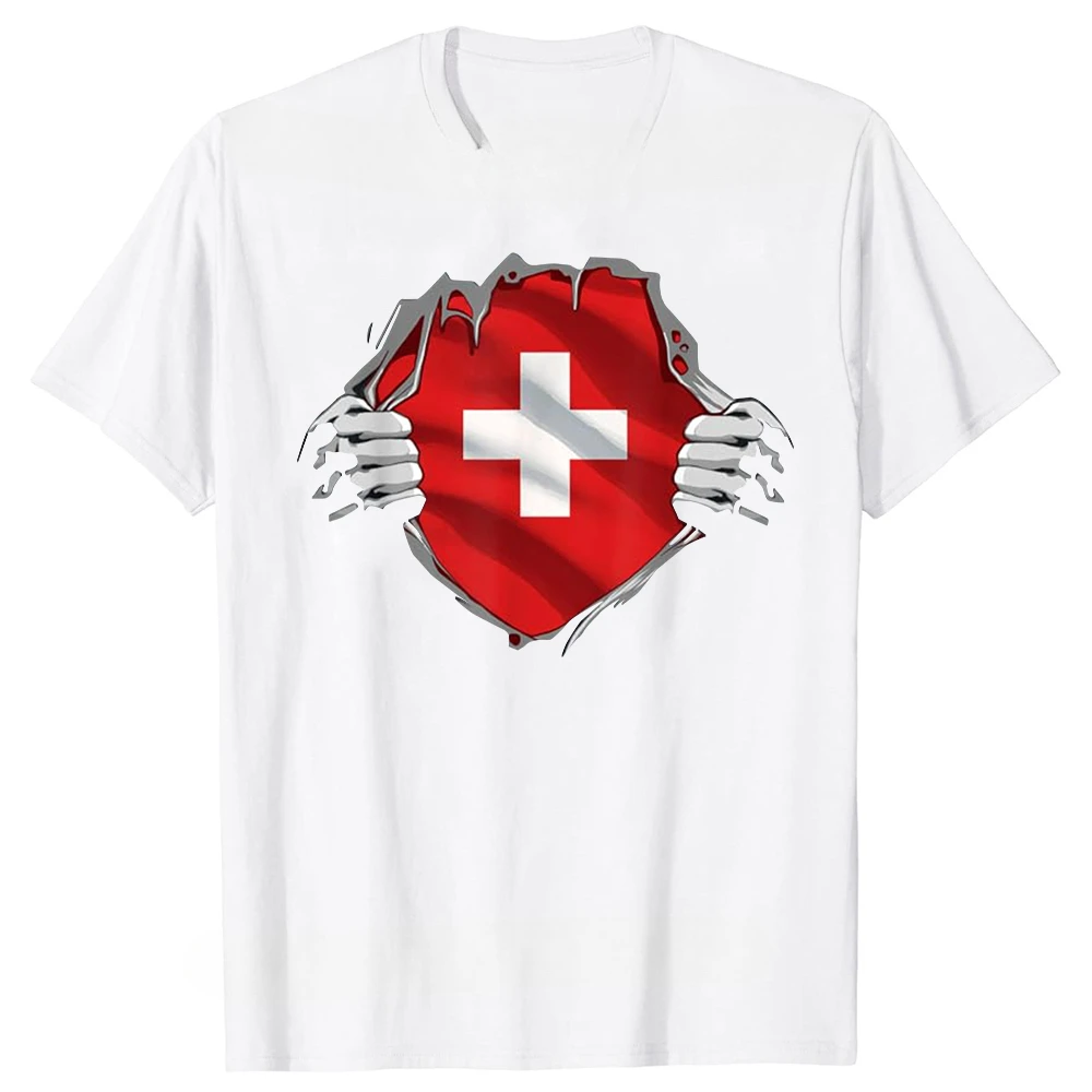 fashion manga Super Swiss Proud Switzerland Flag T Shirts Tee Tops Round Neck  Sleeve Fashion   Clothing Casual Basic T-shirts