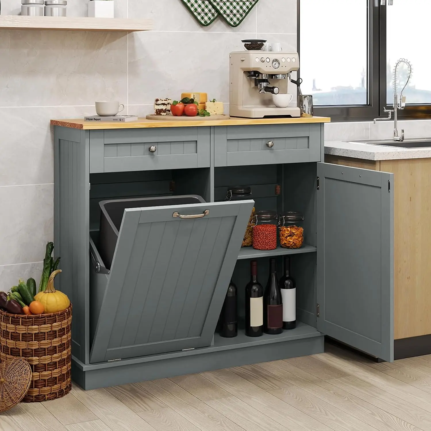 Trash Can Cabinet, 14.5 Gallon Wood Tilt Out Laundry Hamper Cabinet with Adjustable Shelves and 2 Drawers, Dog, Customized