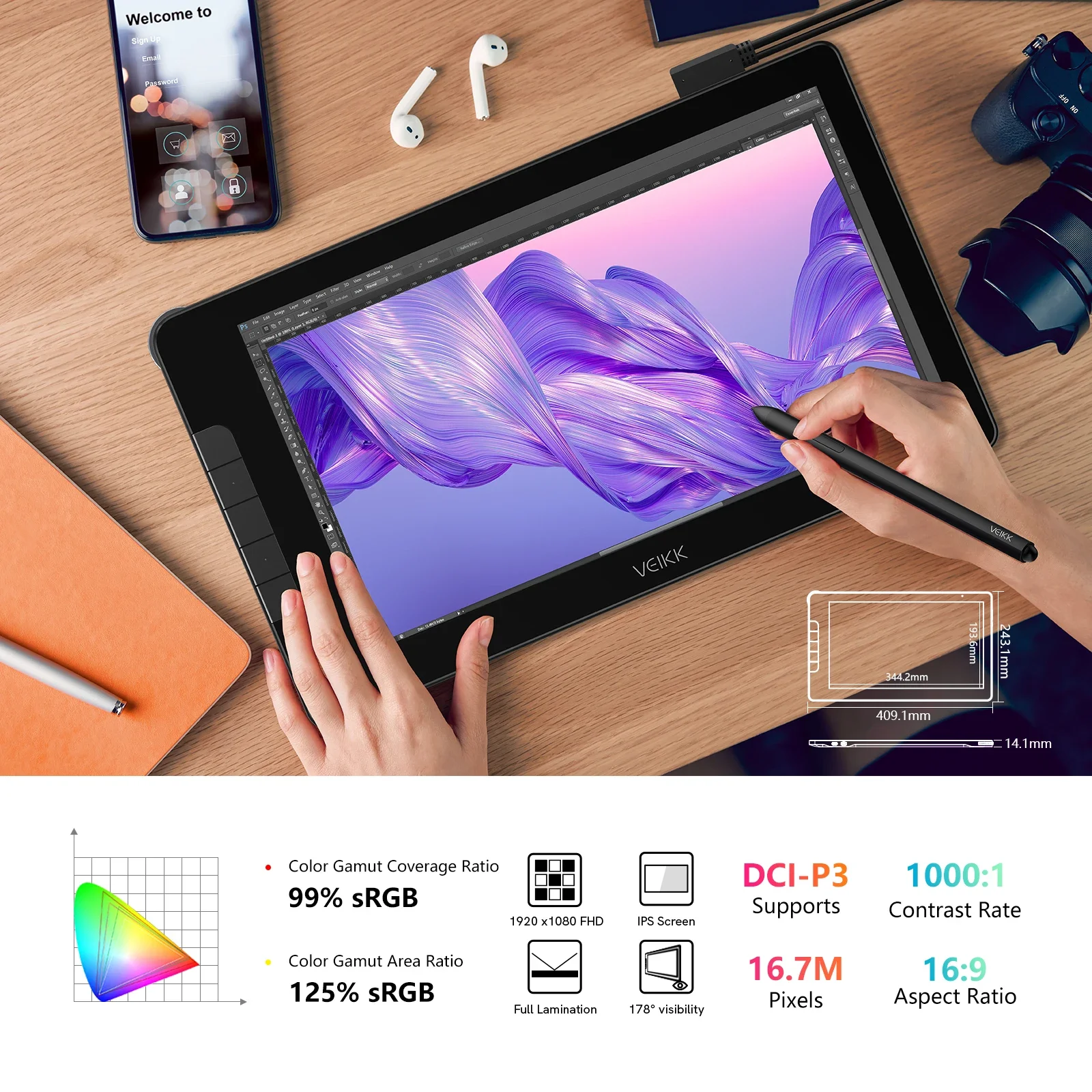 VEIKK STUDIO 16  Advanced 3D Drawing Tablet with Screen for Graphic Design and Digital Art - Ergonomic and User-Friendly