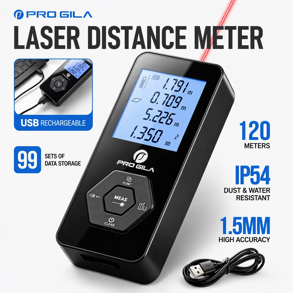 PROGILA Laser Distance Meter 120M Red Laser Rangefinder Rechargeable Digital Tape Measure Area Volume Distance Measuring Tool