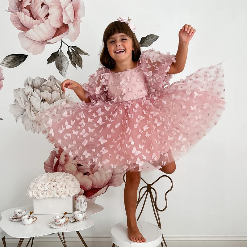 

Eightree Customized Baby Girls Birthday O-neck Flower Girl Dresses Wedding Elegant Tulle Butterfly Puff Sleeve Beach Party Dress