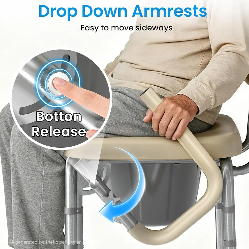 HOMLAND Drop Arm Bedside Commode Toilet with Padded Seat & Backrest, 300LB | Adjustable Height, Easy Side Transfer, Portable Toi