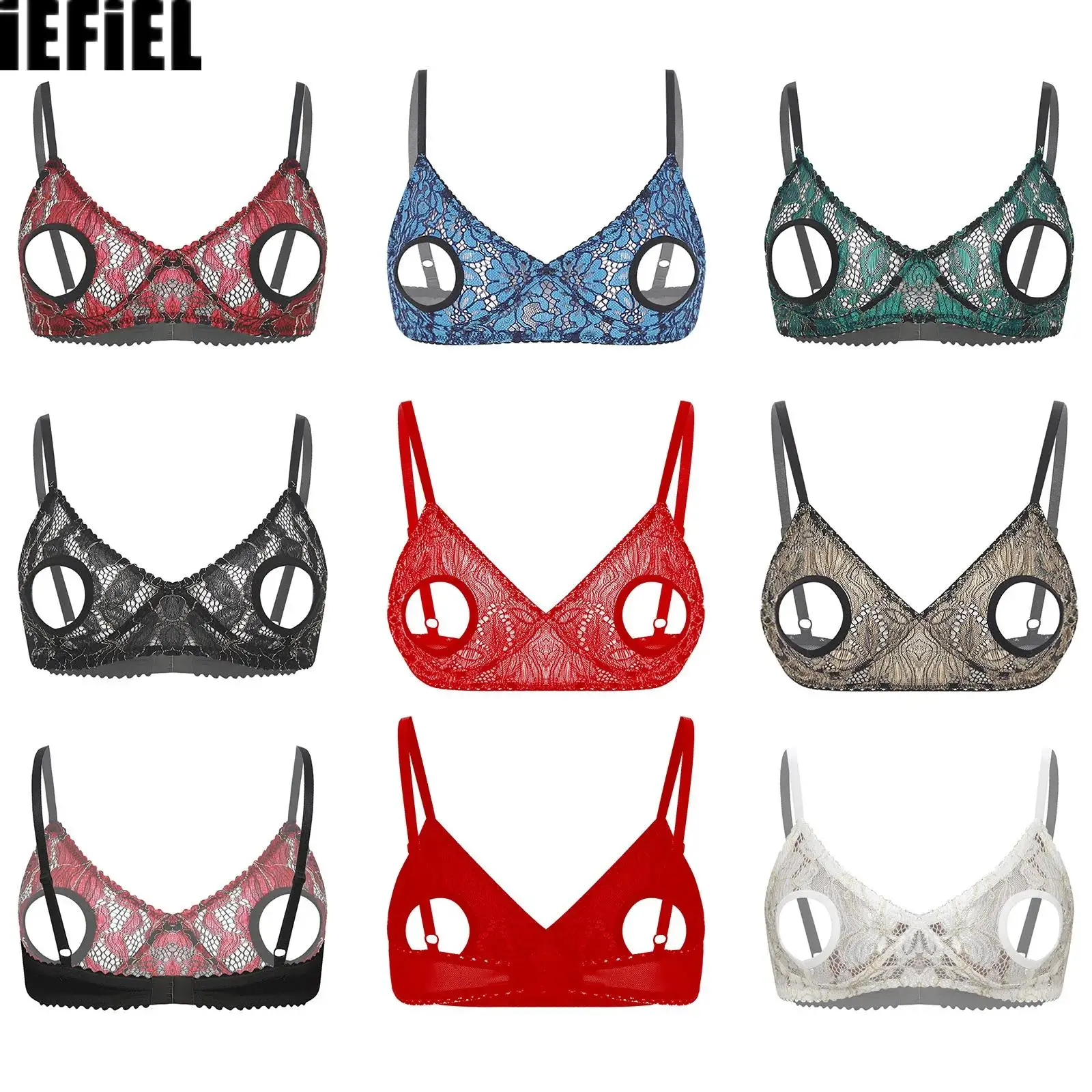

Women Hollow Out Lace Bra Top Lingerie Adjustable Spaghetti Straps Hollow Out Nipples Bra Top Role Play Rave Club Wear