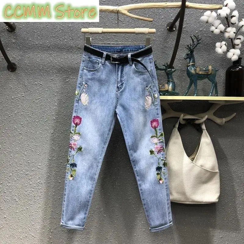 Jeans retrô feminino de cintura alta, calça jeans bordada para senhoras, calça harém elástica, calça jeans solta, nova, primavera e verão