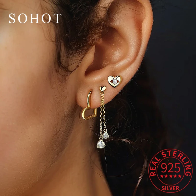 

1 Pcs Real 925 Sterling Silver Hollow Heart Zircon Pendant Chain Mini Stud Earrings for Women Cute Fine Jewelry Accessories