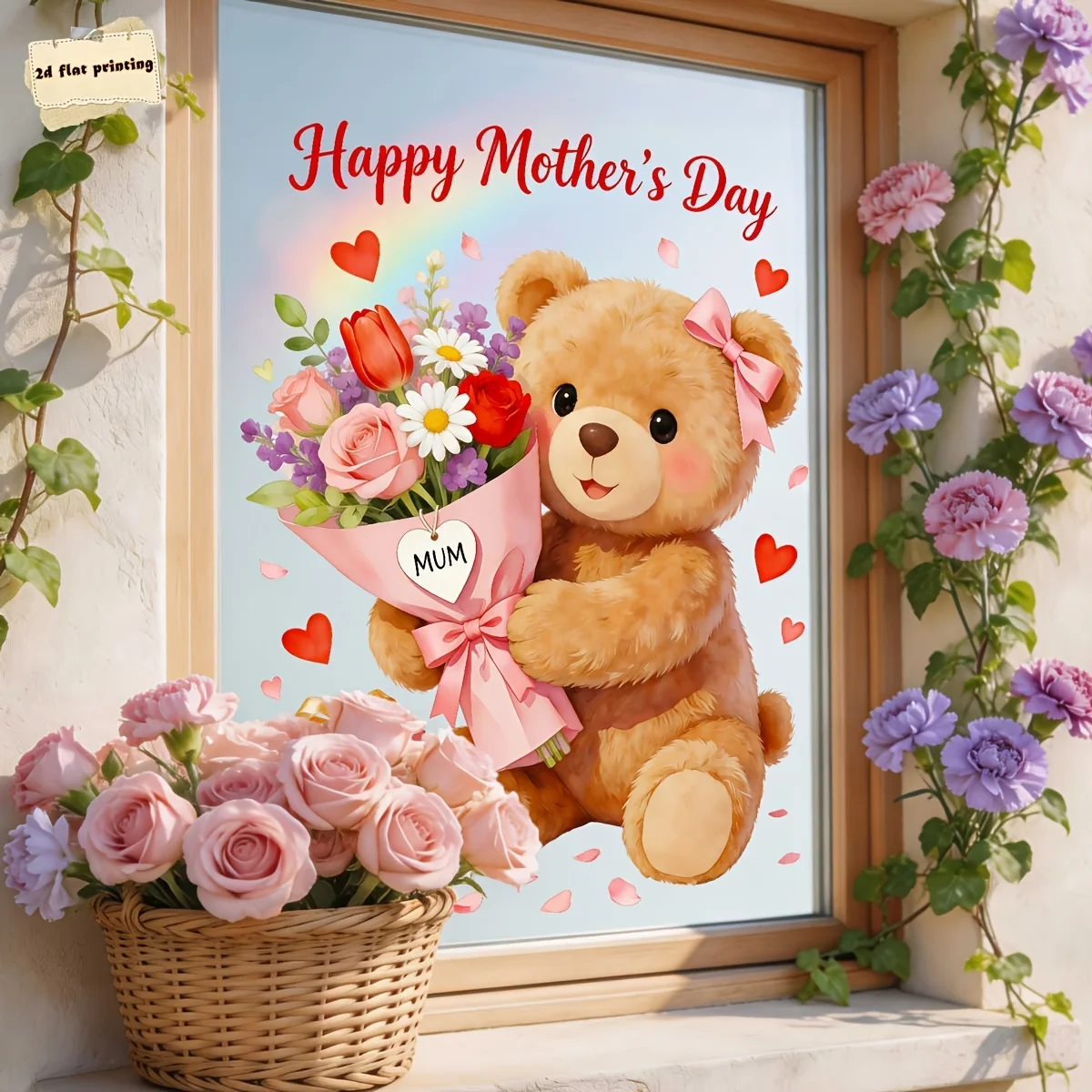 1pc Mother's Day Teddy Bear Holding Flowers Static Cling Window Sticker,Suitable For Glass Decoration At Home, School And Office
