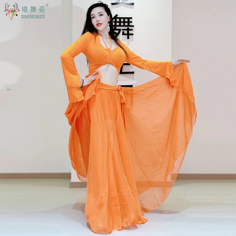 Traje elegante para danza del vientre, Top con tirantes, mangas con hombros descubiertos, falda dividida, ropa de práctica, ropa de actuación de danza Oriental para adultos
