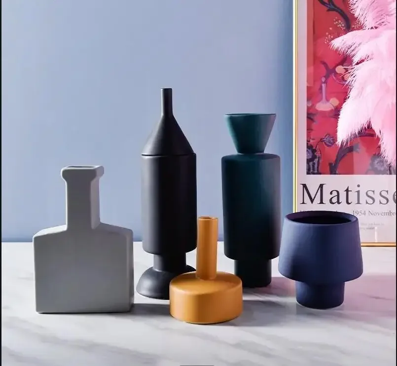 Morandi Ceramic Vase Geometric Shape Dried Flower Crafts Decoration Living Room Table Arrangement Home
