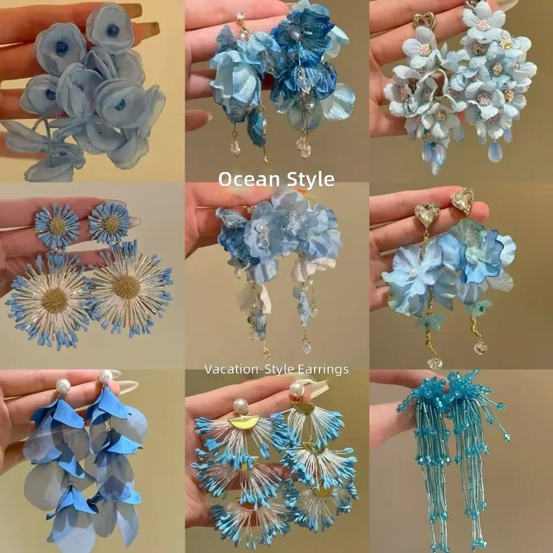 2026 Silver Needle Chiffon Flower Rice Beads Fringed Earrings Resort Style Versatile Stud Earrings for Women Fresh Sweet