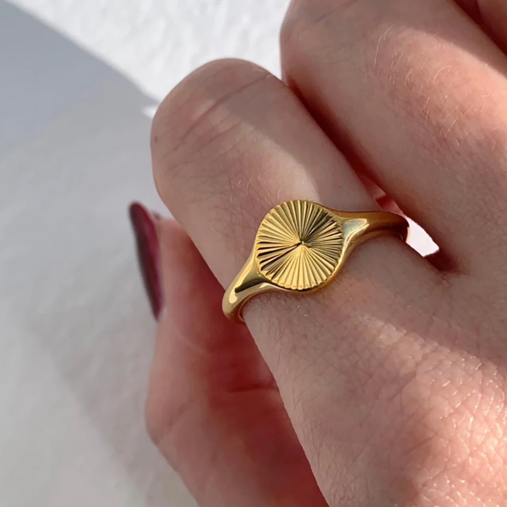 Stainless Steel Vermeil Carve Wave Chubby Rings For Women Sun Flower Croissant Stacking Band Jewelry Wedding Party Accessories