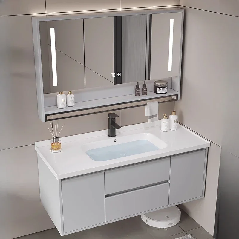 Smart Xyloid Bathroom Cabinets Ceramic Integrated Basin with Lamp Mirror Cabinets Wall-mounted Simple Furniture Arredo Bagno FYB