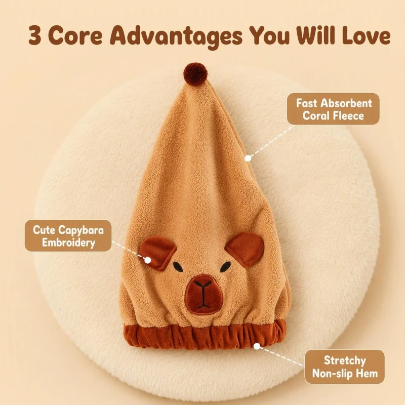 Cute Capybara Hair‑Drying Cap, Thick Absorbent Coral Velvet Quick‑Dry Hair Towel Wrap, Soft Shower Hat for Women Girls Students view 3