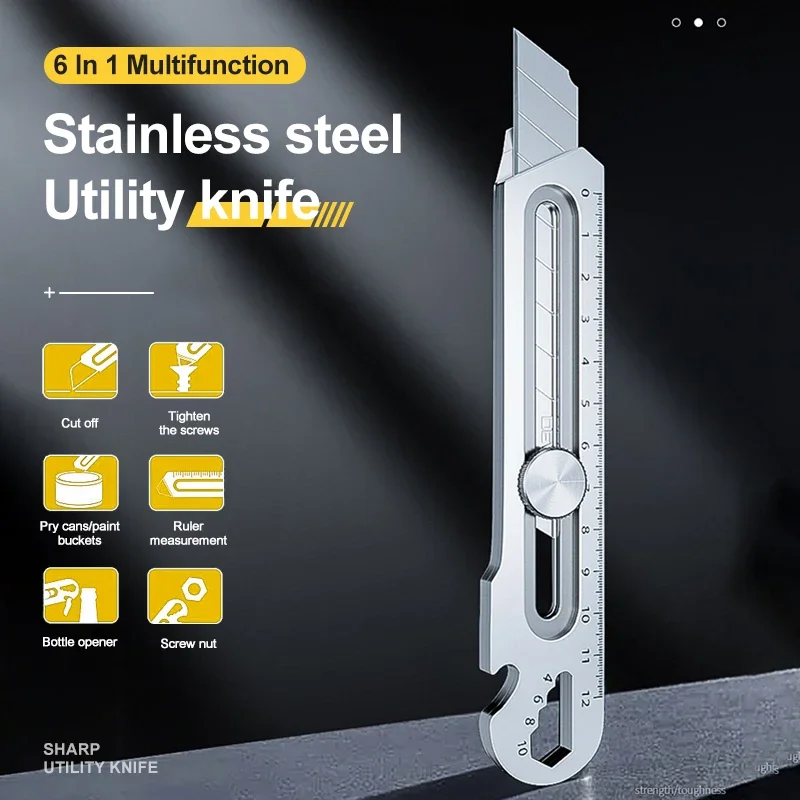 Stainless Steel Utility Knife Multi-Function Opener Retractable Box Cutter Portable Office Home Courier Unboxing Knifes 6 in 1