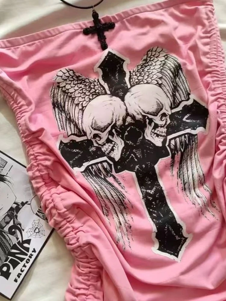Summer Y2K Gothic Punk Pink Skeleton Print Dress Women Off Shoulder Design T-Shirt Dress Vintage Grunge Style Sexy Mini Dress