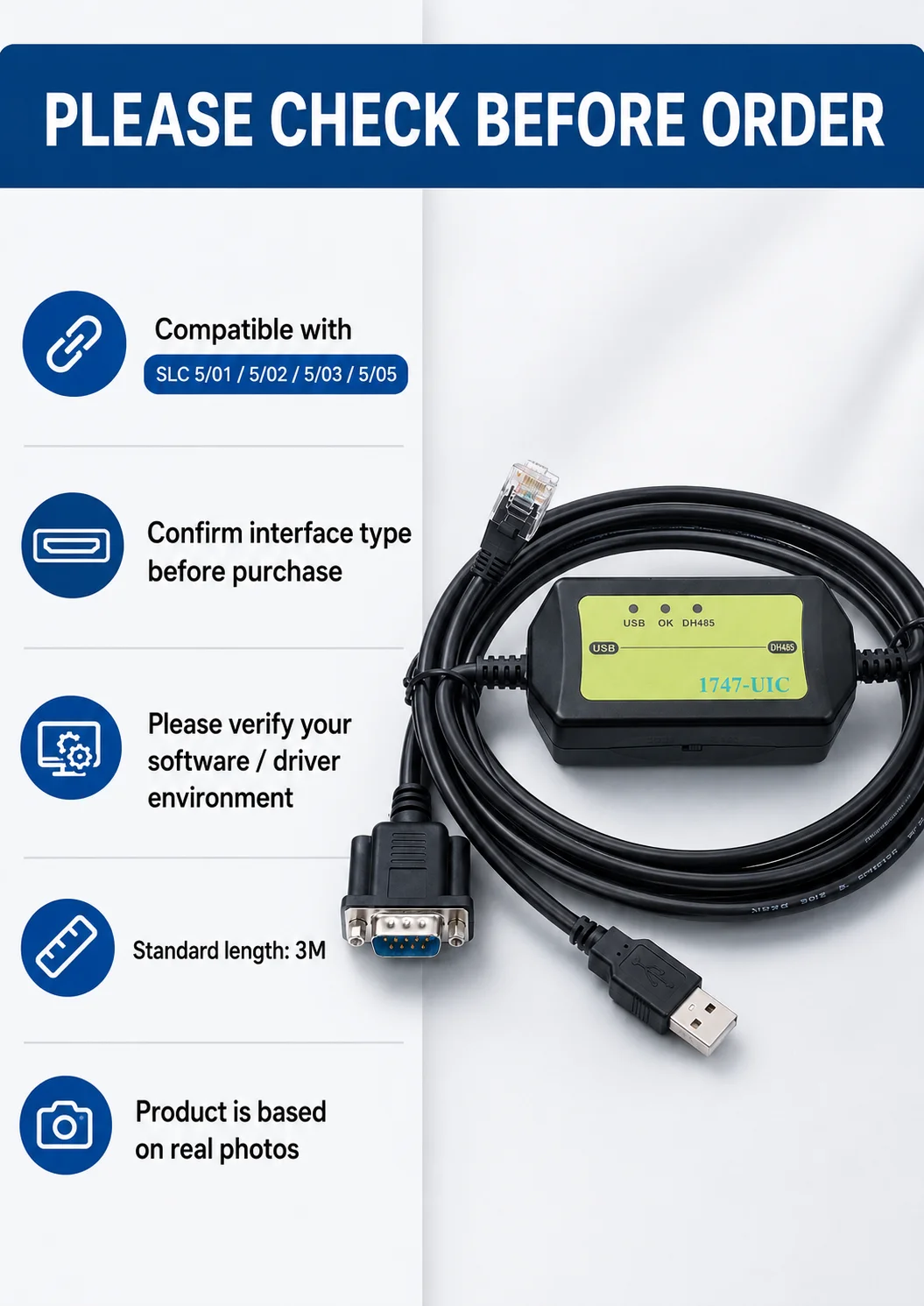 1747-UIC USB to DH485 Programming Cable for AB SLC 5/01 5/02 5/03 5/05 PLC, 3M Data Download Communication Cable