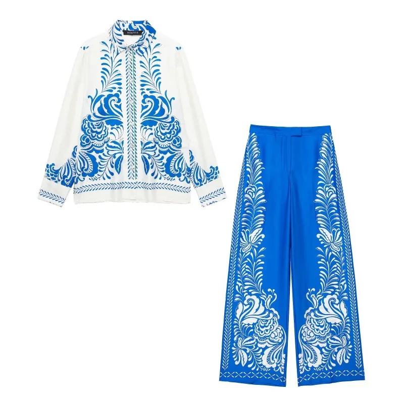 

Bohemian Sicily Style Long Pants Sets Summer Printed Silk-like Shirt Two Piece Sets European American Seaside Holiday Outfits