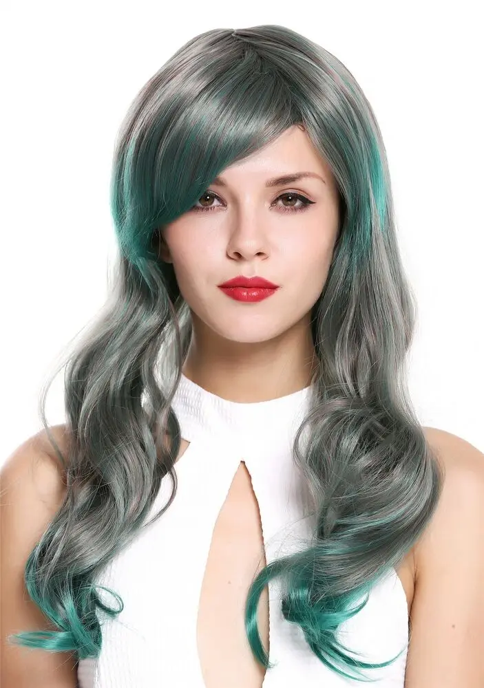 Ladies' Wig Noble Long Wavy Parting Grey Green Red Mix