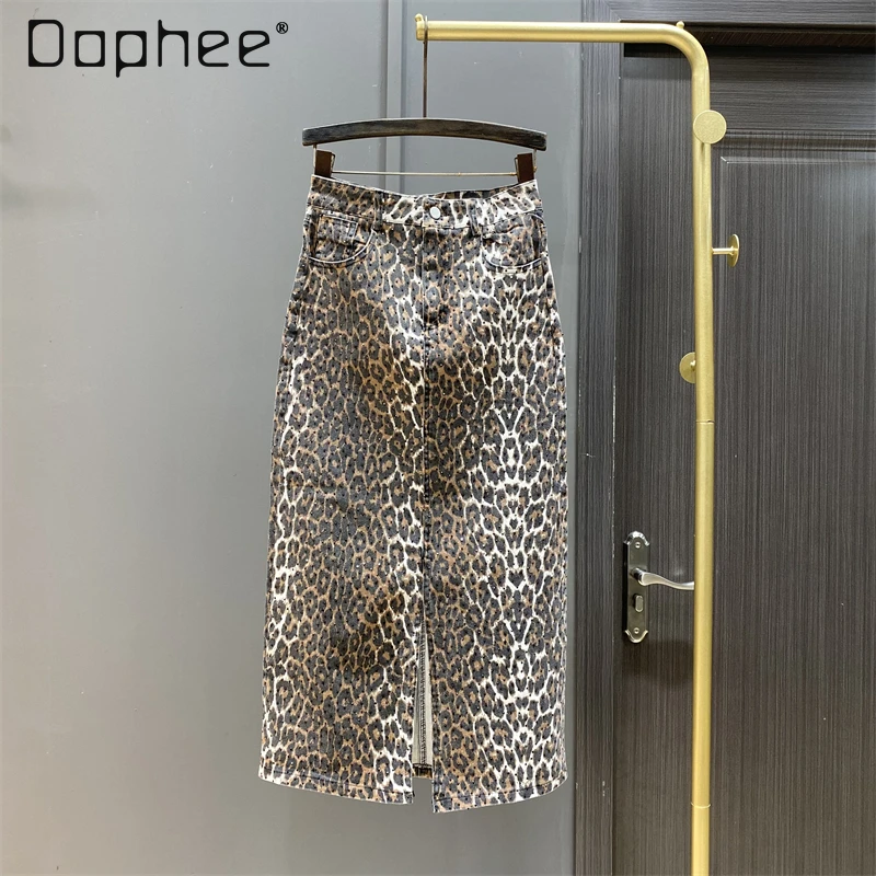 Diamond Leopard Print Straight Denim Skirt Casual Street Fashion High Waist Split Hip Wrap Long Skirt Trendy Clothing