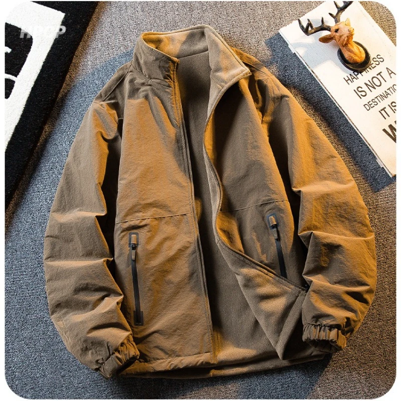 2025 Outdoor Warm Running Jacket Fashionable and Versatile Trendy Loose Fleece Jacket Men's Cotton-padded Hiking Jacket