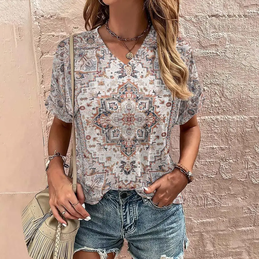 Vintage Bohemian Geometric Print T-shirts For Women\'s Plus Size Female Shirt Crop Top Summer Women Clothing Fashion Oversized