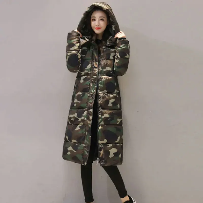 

Fashionable Elegant Down Cotton Jacket Women 2025 Winter New Long Knee-Length Hooded Camouflage Coat Thicke Printed Padded Coats