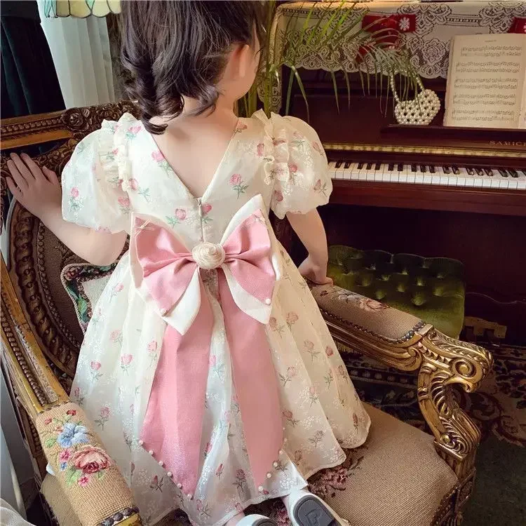 Sommer Mädchen 1–8 Jahre Blumenrosen Prinzessin Kleid Spitze abgestufte Schleife hinten Perlenakzent knielang Party Geburtstagsfeier – Detail 7