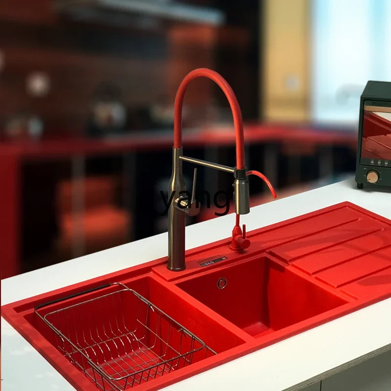 LH integrated sink with drain table quartz stone large double slot granite kitchen vegetable basin is red