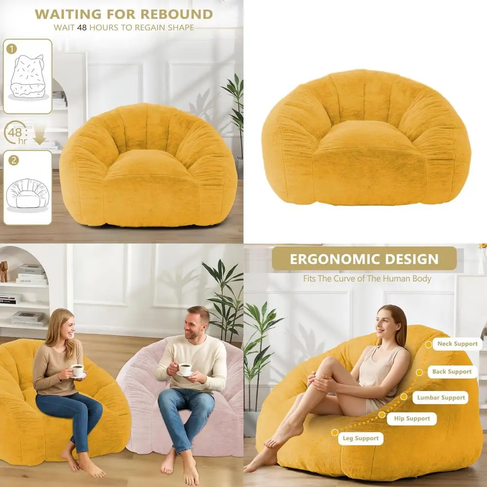 كرسي كيس فول من الفرو الصناعي الناعم كبير الحجم للبالغين، أريكة قراءة كبيرة مريحة لغرفة المعيشة وغرفة النوم والنوم، أصفر