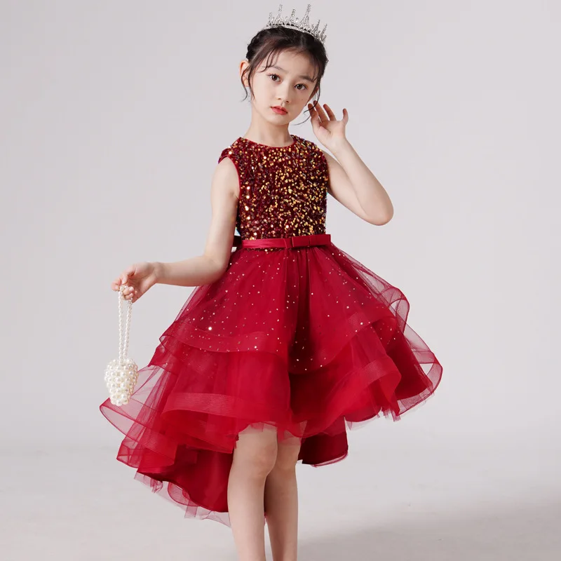 

2025 Hot Style Summer Sequin Lace Tuxedo Wedding Dress for Girls 3-13 Years Old Sleeveless Fluffy Mesh Gauze Brand