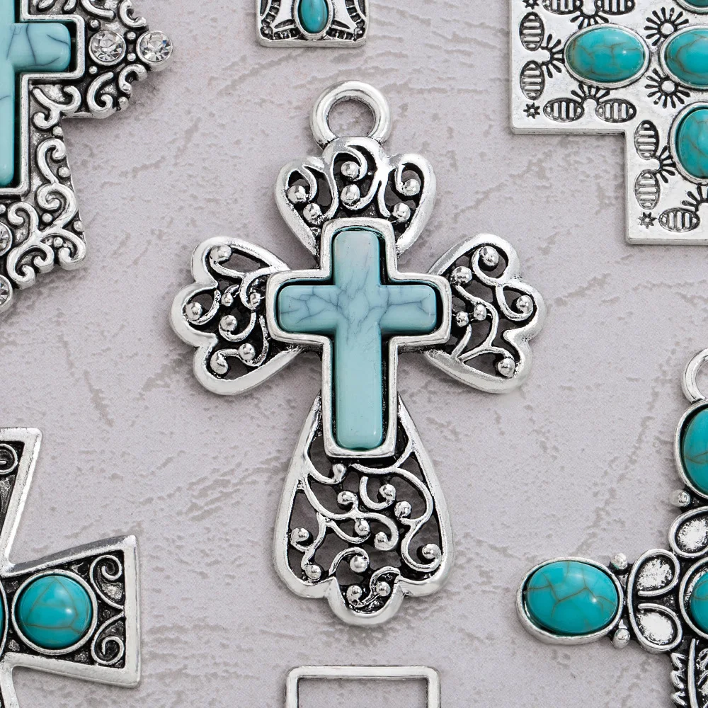 십자가 펜던트, 보헤미안 청록색 목걸이 펜던트, DIY 합금 주얼리, 의류 액세서리