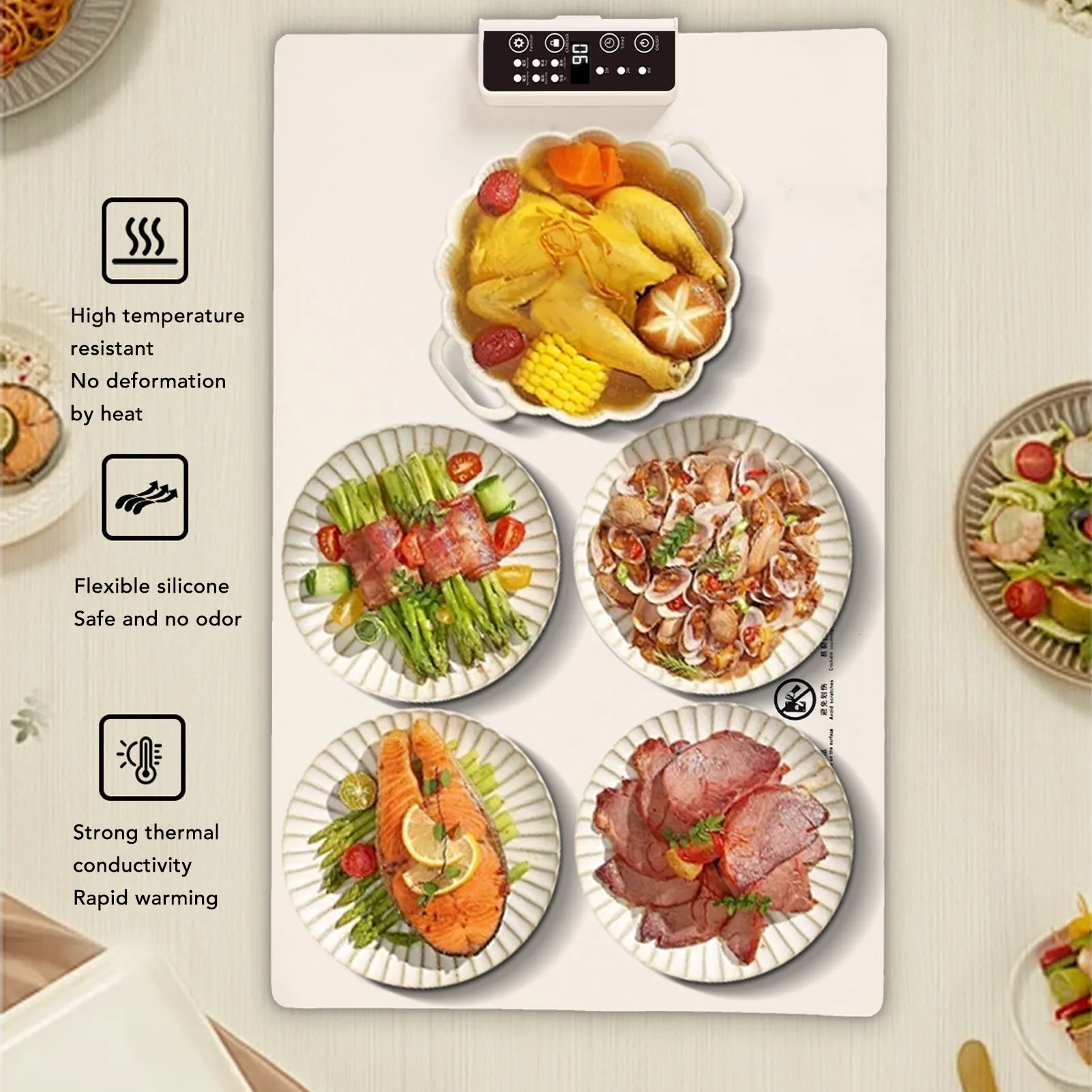 

Food Warming Mat Silicone Electric Warming Tray Foldable Heater Food Pad with 5 Temperature Levels and Timer