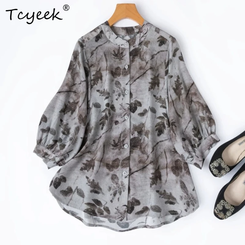 Tcyeek 100% Real Silk Womens Tops 2026 Spring Summer Ink Wash Print Loose Lantern Sleeves Shirt Clothes for Female Chemise Femme
