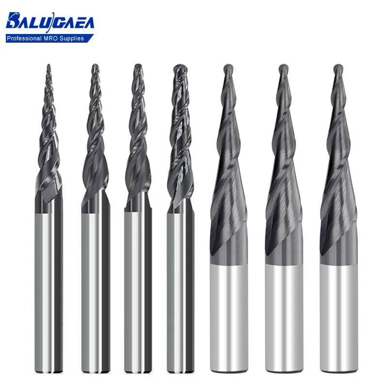 2-Flute Taper Ball End Mill R0.25-R2.0 Carbide Milling Cutter Black Coating Router Bit CNC Engraving Bit Wood Milling Cutter