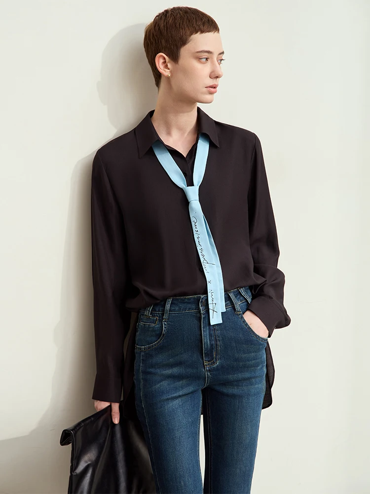 Amii Minimalism 2024 Autumn Tie Shirts for Women Mid-length New Lapel Letter Print Fashion Thin Female Shirts & Blouses 12423030