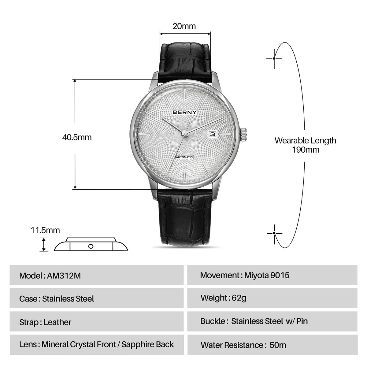 BERNY Automatikuhren für Herren, luxuriöse klassische mechanische Herrenuhr, gewölbtes Glas, Kalender, elegante, schlanke Armbanduhr – Detail 8