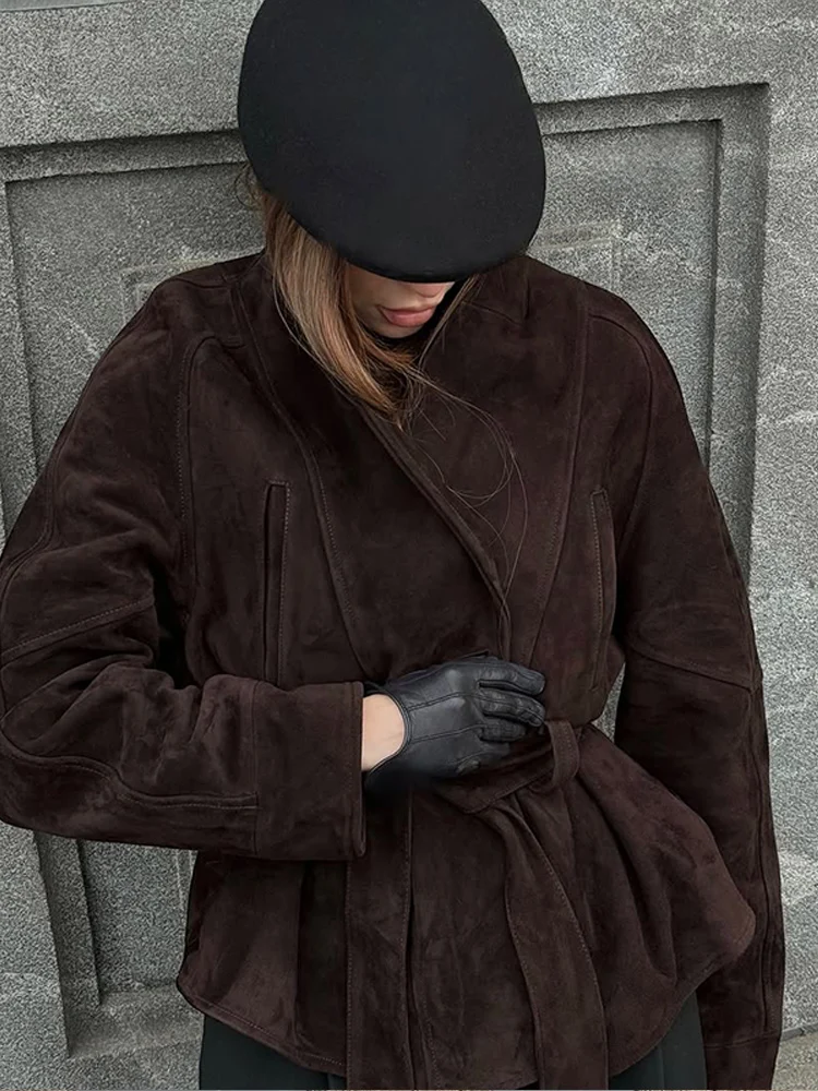

Lapel Waist Cinching Lace Up Jacket Woman Solid Color V-Neck Long Sleeves Loose Coat Versatile Women's New Street Chic Jackets