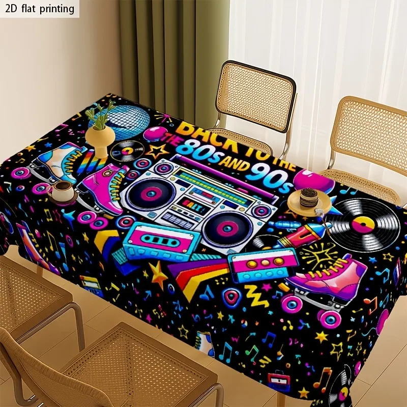 2D flat printing, 1 piece of retro 80s-90s neon music party style printed tablecloth - suitable for party tables / bar counters