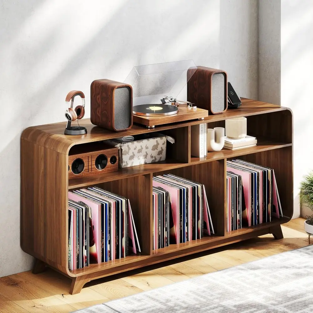Record Player Stand with Vinyl Storage Cabinet with Charging Station & USB Ports, Turntable Stand Table Holds Up to 350 Albums,