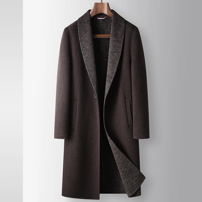 Luxury Men 67.4% Wool Blend Long Woolen Coat Contrast Shawl Collar Single Button Double Sided Overcoat Winter Male Outerwear