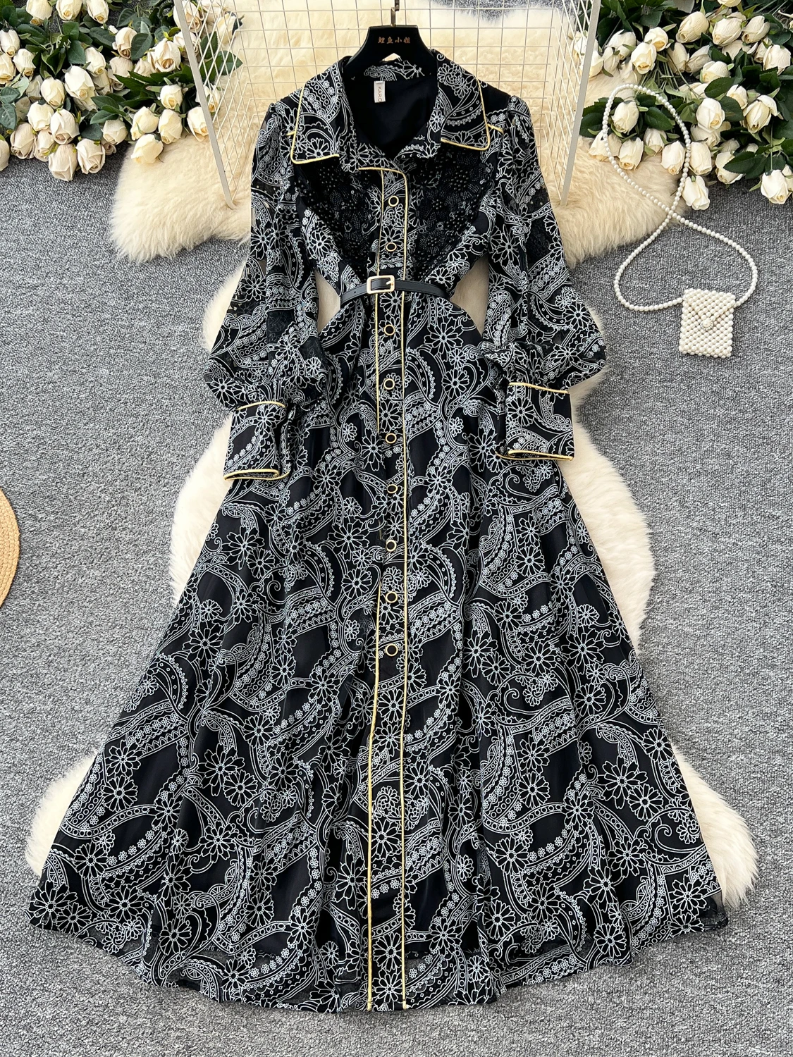 Damski jesienny garnitur Ele Lantern Sve z nadrukiem, kołnierzyk, zapinany na jeden guzik, długa spódnica w kształcie litery A z wysokim stanem dla siostry doktorki.