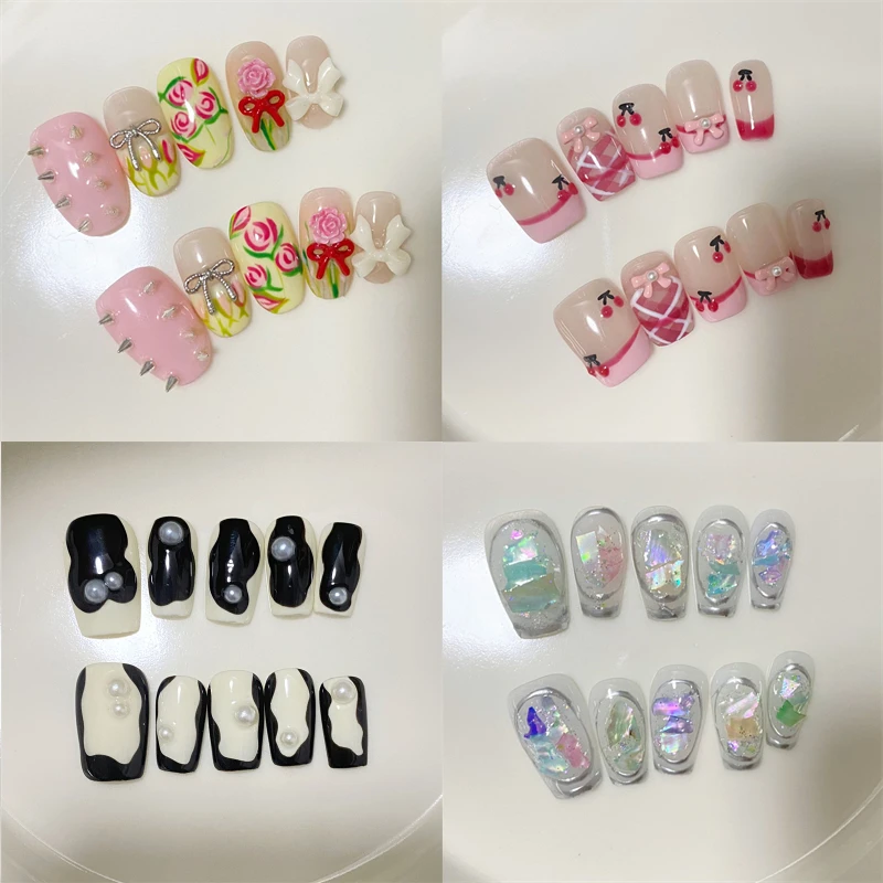 10 Uds. De uñas postizas cortas hechas a mano, decoración francesa con purpurina bonita, puntas de uñas postizas usables, conjunto de uñas de Ballet con lazo de perlas