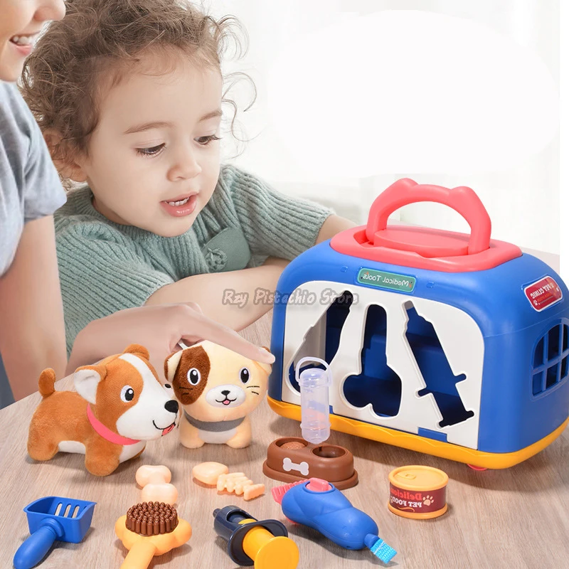 Pet Care Toys Sliding Suitcase Doctor Play House Set Kids Simulation Animal Fabric Dog Cat Grooming Feeding Gifts for Girls Boys