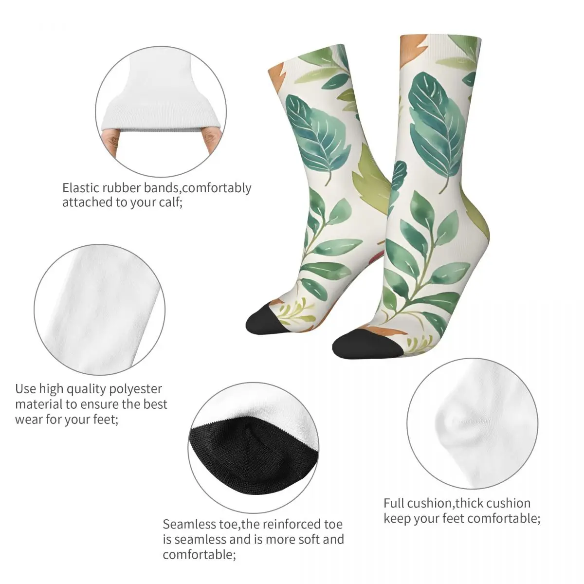 Chaussettes de compression en élan pour hommes, motif de feuilles sans couture, fleurs colorées et feuillage, chaussettes d'équipage de qualité Harajuku