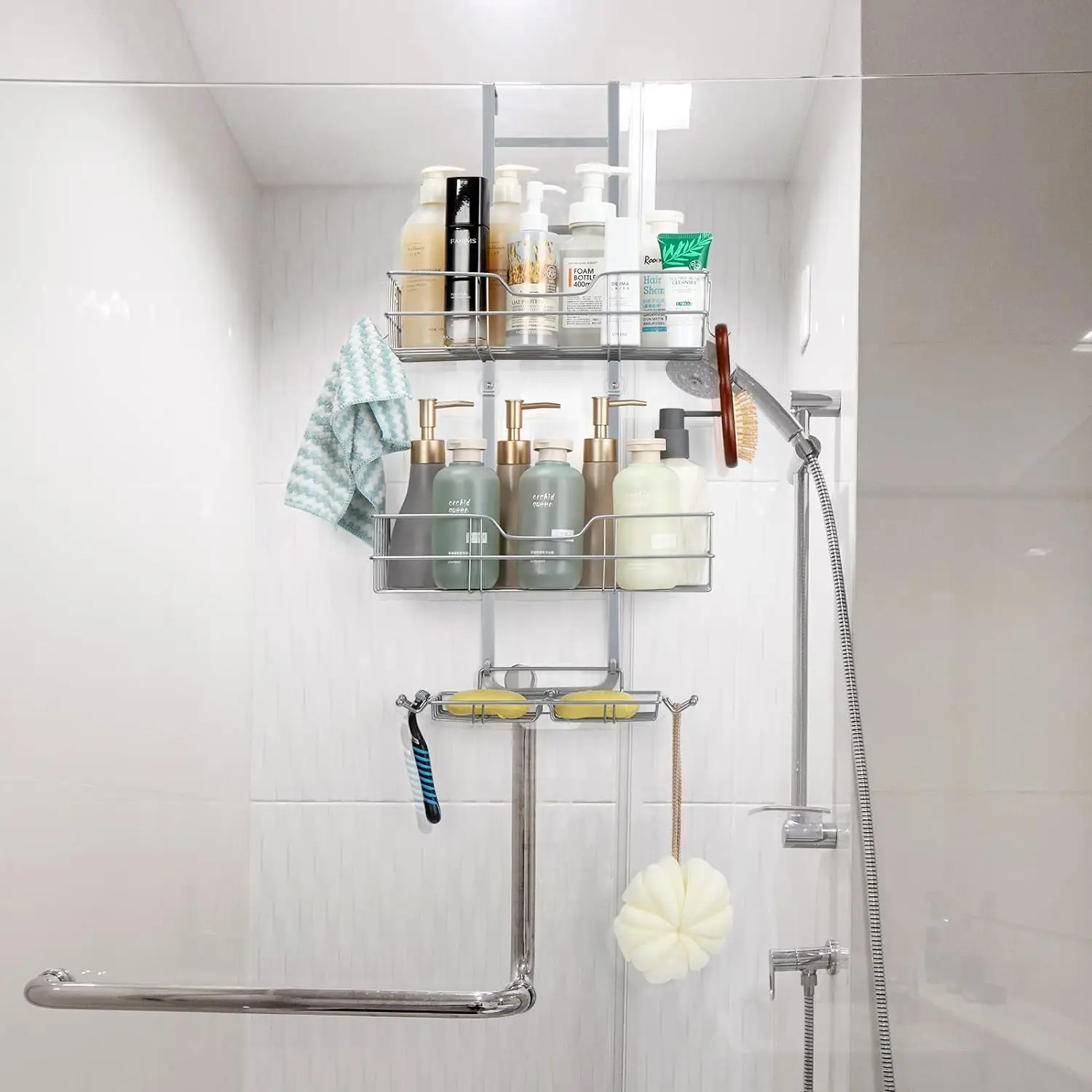 Over the Door Shower Caddy Rustproof Hanging Organizer Shelf w/ Hook & Soap Box