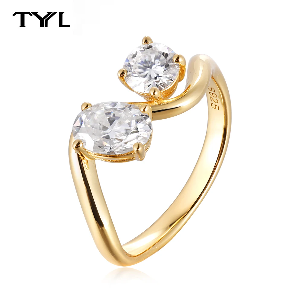 TYYL 1CT Oval Moissanite Ring for Women Wavy 925 Silver Jewelry Double Stone Female Rings 0.5ct Diamond Wedding Engagement Band