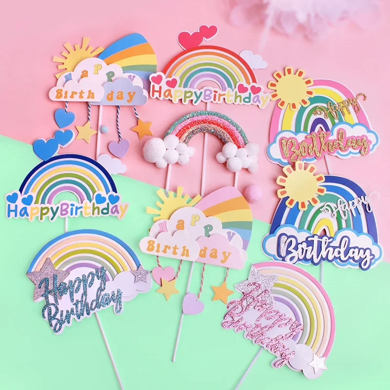 1PC Glitter Rainbow Happy Birthday Cake Topper Star Sun Cloud Cake Decoration Baby Shower Kids Adult Birthday Party Supplies